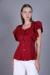 Elegant blouse with ruffle wing short-sleeve and gold ring buttons