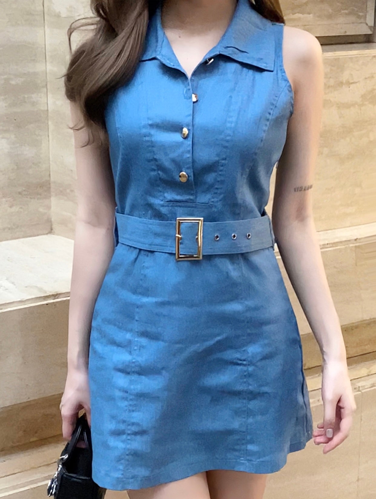 Sleeve-less denim short bodycon dress with button and belt