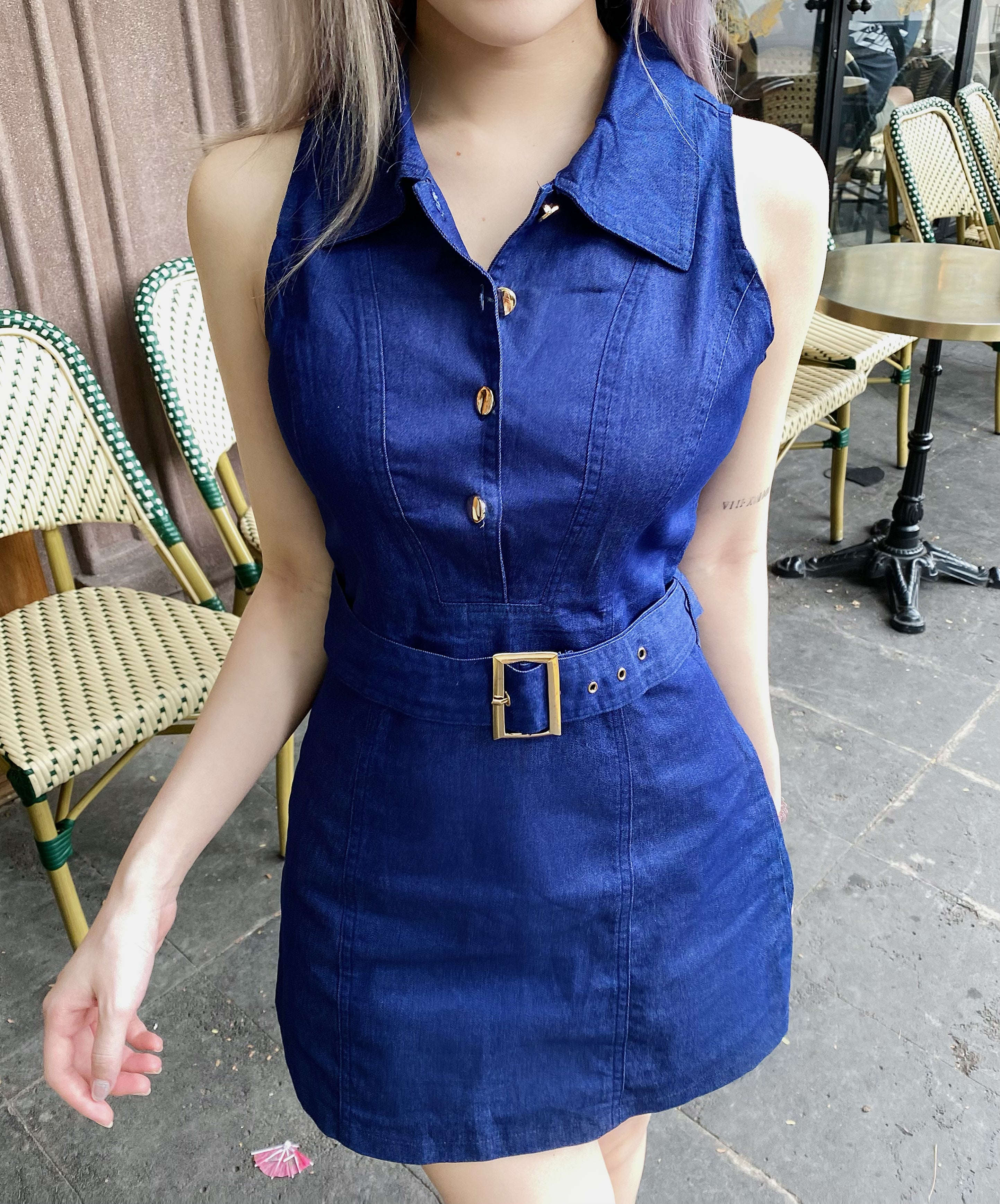 Sleeve-less denim short bodycon dress with button and belt