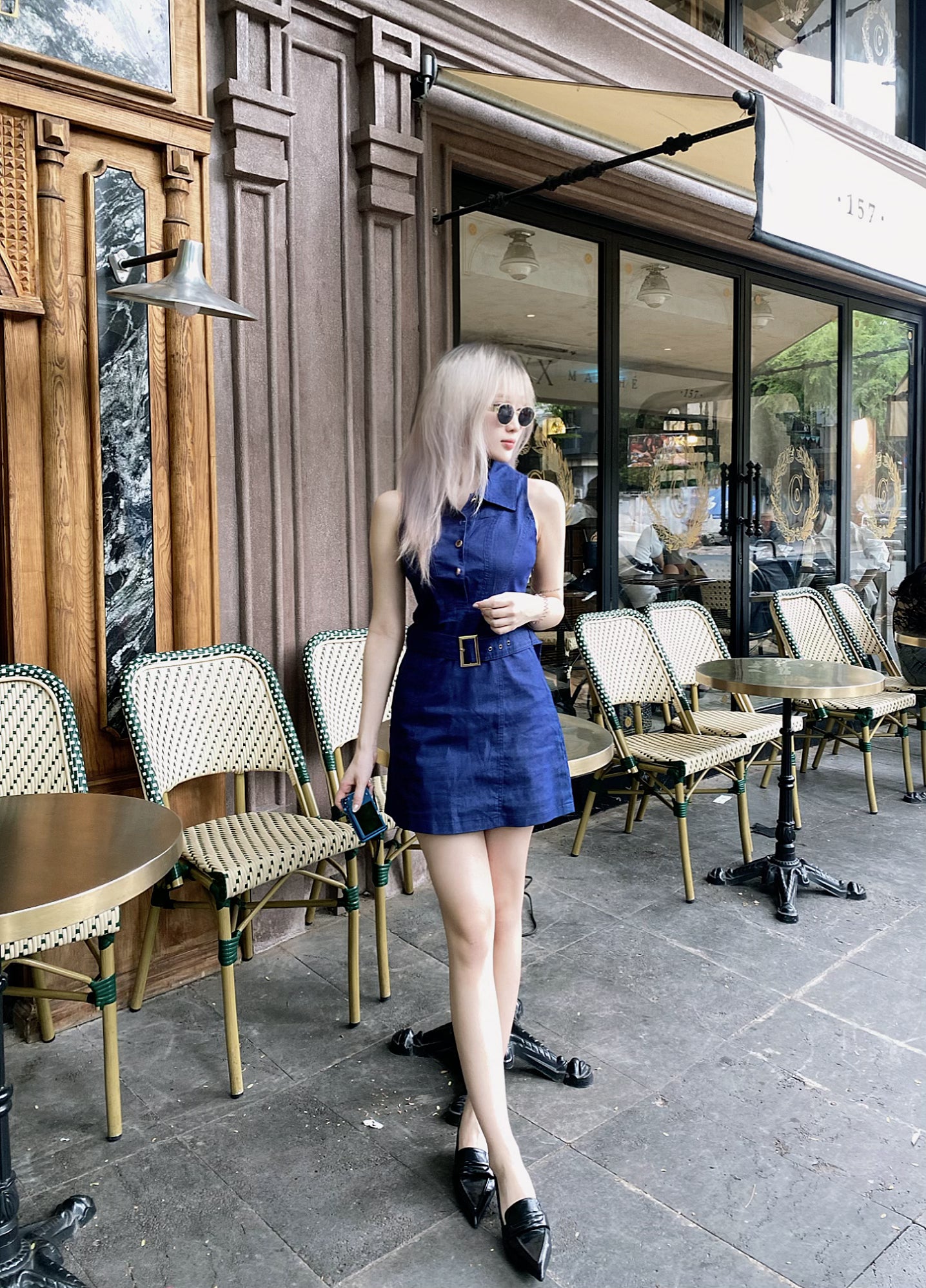 Sleeve-less denim short bodycon dress with button and belt